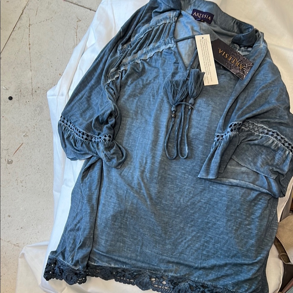 Blue Ruffled Tie Front Blouse with 3/4 Sleeves